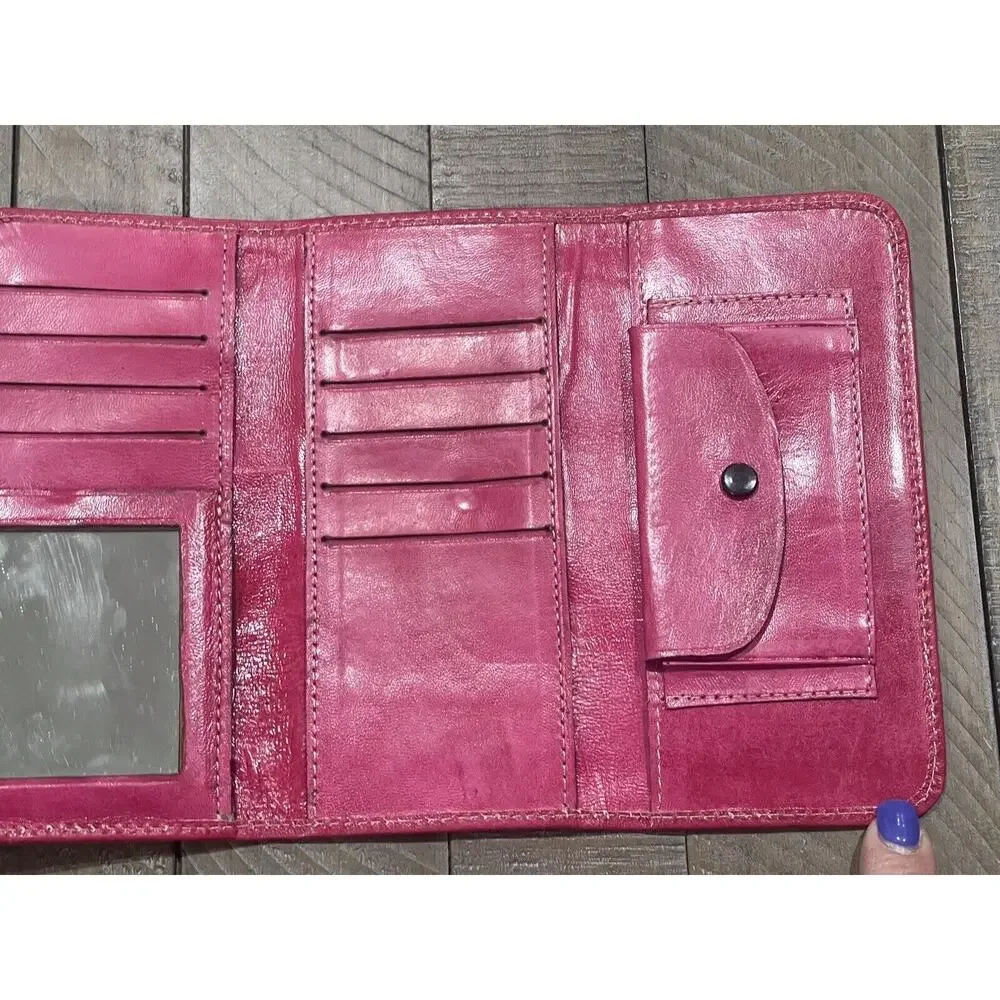Womens Hand Embroidered & Embossed Leather Tri-Fold Wallet Mirror/Change Pouch